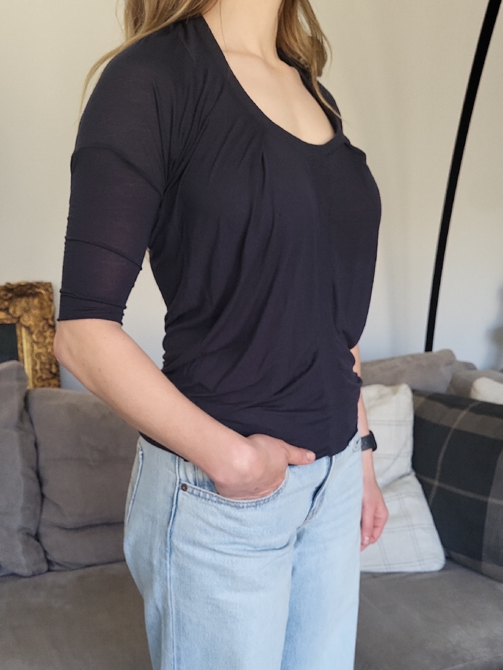 All Saints Navy Scoop Neck Dolman Sleeve Top